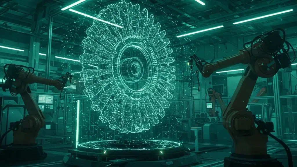 Futuristische Fertigungshalle mit zwei Industrierobotern, die ein holografisches 3D-Zahnrad modellieren – Symbol für digitale Präzision und Innovationskraft von Renk.