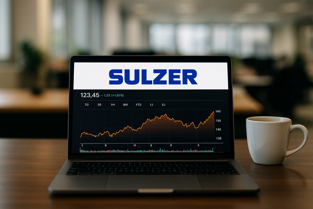 Laptop auf einem Schreibtisch mit angezeigtem Aktienchart und Sulzer-Logo auf dem Bildschirm; daneben eine Kaffeetasse. Im Hintergrund unscharfe Großraumbüro-Atmosphäre.
