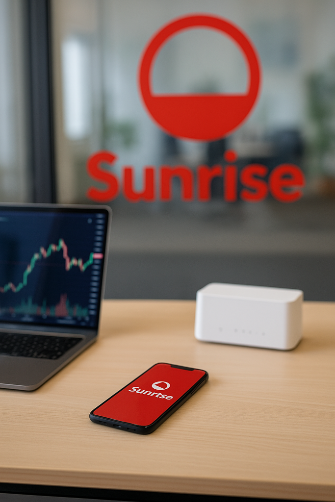 Schreibtisch in einem kleinen Unternehmen mit Laptop, WLAN-Router und Smartphone mit Sunrise-Branding; im Hintergrund das rote Sunrise-Logo auf Glaswand.