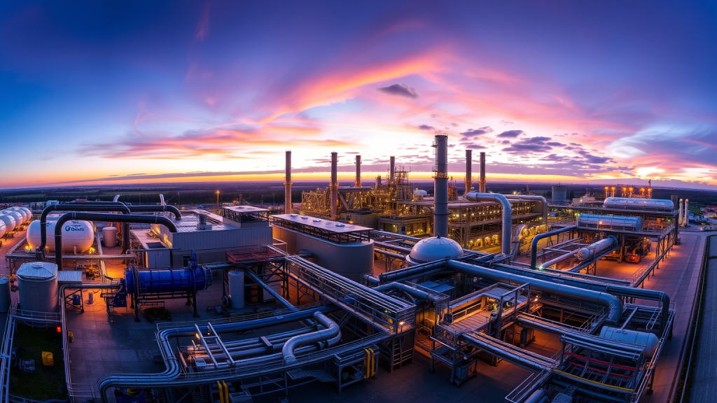 Panoramablick auf das Elektrolysewerk bei Sonnenuntergang