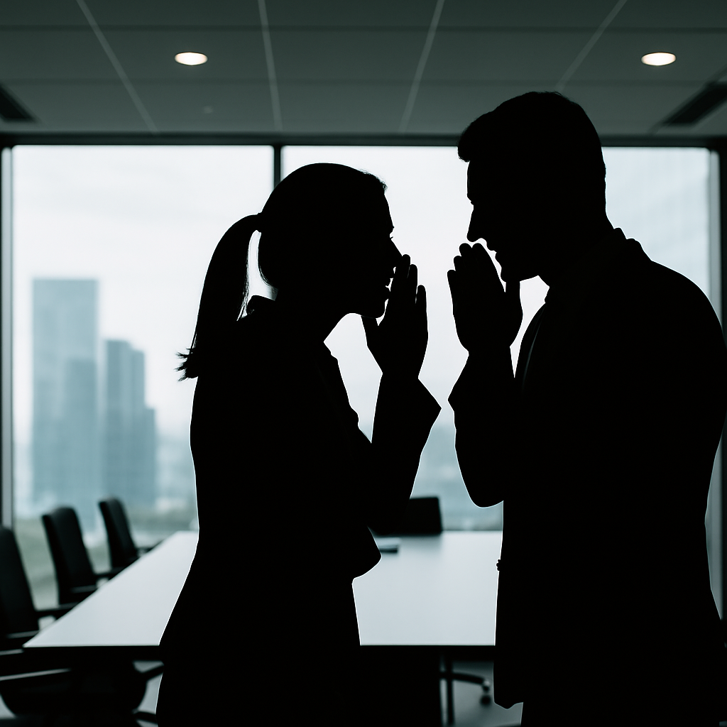 Zwei Personen in Businesskleidung stehen als Silhouetten in einem modernen Konferenzraum. Sie sprechen vertraulich miteinander, während im Hintergrund große Fensterfronten und eine helle, minimalistische Büroeinrichtung zu sehen sind.