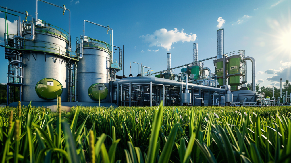 Verbio-Aktie: Waffenruhe trifft Bioethanol hart! Eine Verbio-Bioenergieanlage, die erneuerbares Gas produziert, unter einem hellen blauen Himmel