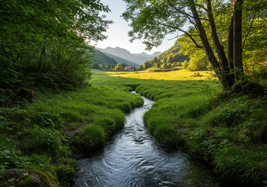 Ein kleiner, klarer Bach schlängelt sich durch eine grüne Wiese in einer idyllischen Berglandschaft in Frankreich. Links und rechts säumen dichte Bäume und saftiges Gras das Ufer. Im Hintergrund sind ein einzelnes Haus, sanfte Hügel und bewaldete Berge zu sehen, die im warmen Licht der tiefstehenden Sonne leuchten. Die Szene wirkt friedlich und naturbelassen.