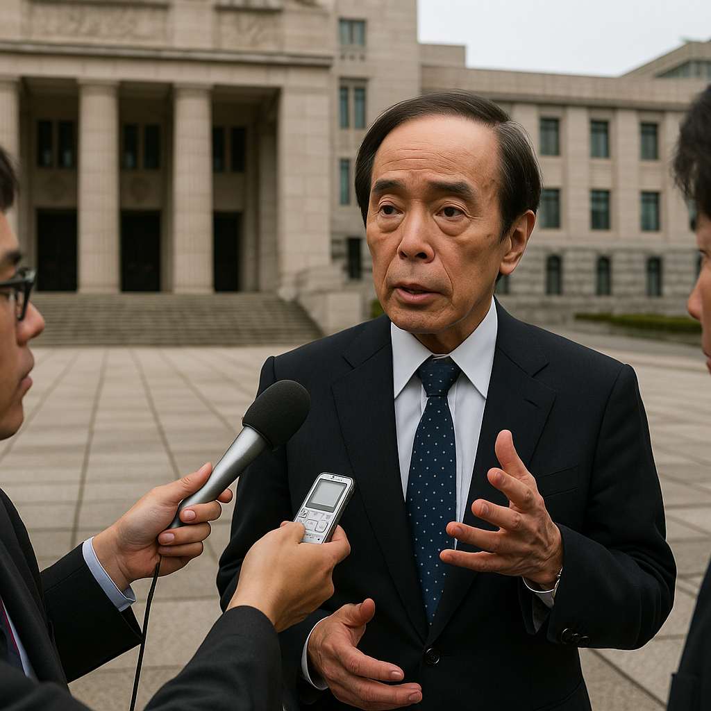 Gouverneur Kazuo Ueda von der Bank of Japan steht im Gespräch mit Reportern vor einem imposanten Gebäude im klassischen Stil. Ueda, im dunklen Anzug mit weißem Hemd und blauer Krawatte, wirkt konzentriert, während er Fragen der Journalisten beantwortet. Im Hintergrund sind breite Steinstufen und mächtige Säulen zu sehen. Die Atmosphäre ist ruhig und ernst, Ueda gestikuliert leicht mit der Hand, um seine Aussagen zu unterstreichen.