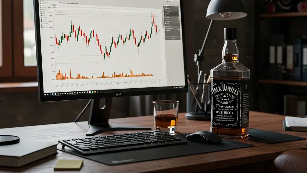 Eine Flasche Jack Daniel’s und ein Glas Whiskey stehen auf einem Schreibtisch vor einem Computerbildschirm, auf dem ein Aktienchart zu sehen ist.