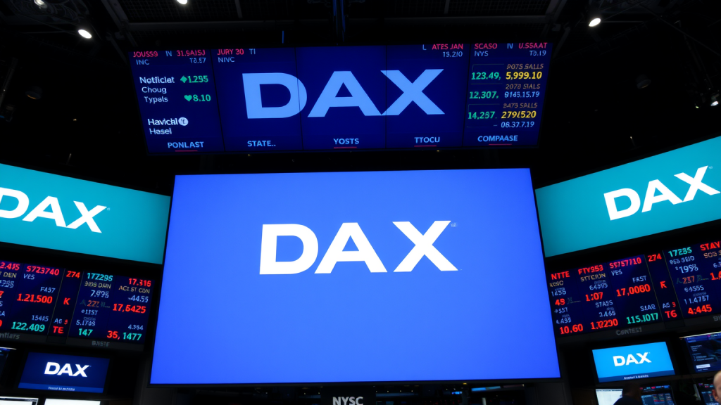 Handelsszene auf dem Börsenparkett, mit einem riesigen Bildschirm im Hintergrund, der das DAX-Logo und schwankende Aktienkurse zeigt