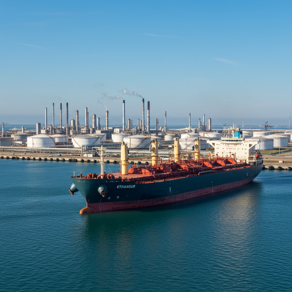 Ein großes Frachtschiff namens 'ETHANOUR' liegt vor einem Industriehafen mit zahlreichen Lagertanks und Schornsteinen. Im Hintergrund sind mehrere Raffinerie-Anlagen und qualmende Schornsteine zu sehen. Das Schiff ist in dunkelblauer und roter Farbe gestrichen und liegt im ruhigen, türkisfarbenen Wasser. Die Szenerie zeigt eine industrielle Hafenlandschaft bei sonnigem Wetter.