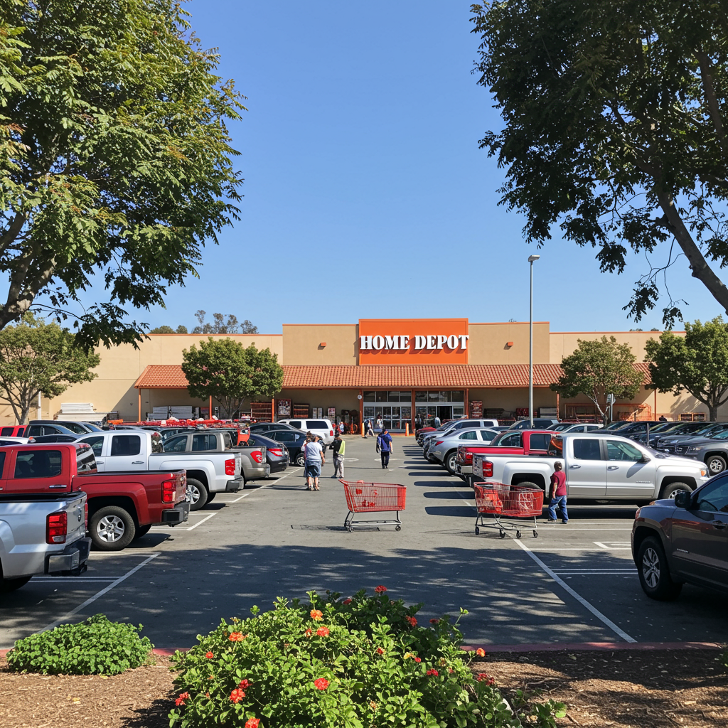 Großer Parkplatz vor einem Home-Depot-Baumarkt bei Tageslicht. Mehrere Kunden und Einkaufswagen sind zu sehen, zahlreiche Autos stehen geparkt. Im Hintergrund das Gebäude mit dem auffälligen orangefarbenen 'Home Depot'-Logo. Umrahmt wird die Szene von Bäumen und Blumenbeeten.