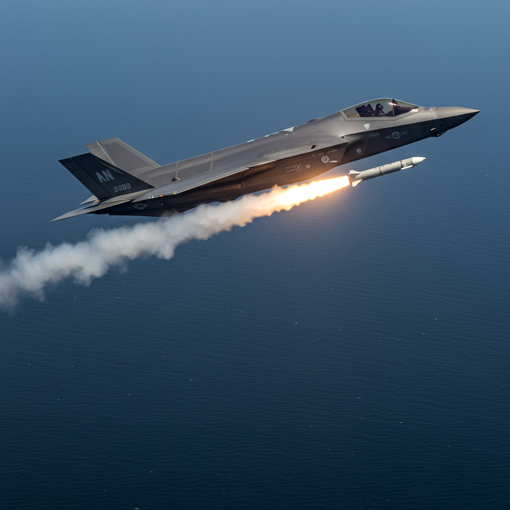 Ein F-35-Kampfjet in der Luft feuert eine Joint Strike Missile (JSM) über dem Meer ab. Das Flugzeug fliegt in einem leichten Winkel, während die Rakete eine helle Flamme und Rauchspur hinterlässt. Die Szene vermittelt die kraftvolle Dynamik des Waffensystems und die militärische Leistungsfähigkeit.