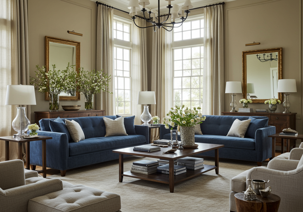 Elegantes Wohnzimmer im RH-Stil mit zwei dunkelblauen Samtsofas, beigefarbenen Sesseln, dunklen Holzbeistelltischen und einem passenden Couchtisch. Großformatige Fenster mit cremefarbenen Vorhängen lassen viel Tageslicht herein. Der Raum ist symmetrisch gestaltet, mit zwei Wandspiegeln in goldenen Rahmen, frischen Blumenarrangements und dekorativen Tischleuchten auf klassischen Kommoden. Ein großer Kronleuchter rundet das luxuriöse Gesamtbild ab.
