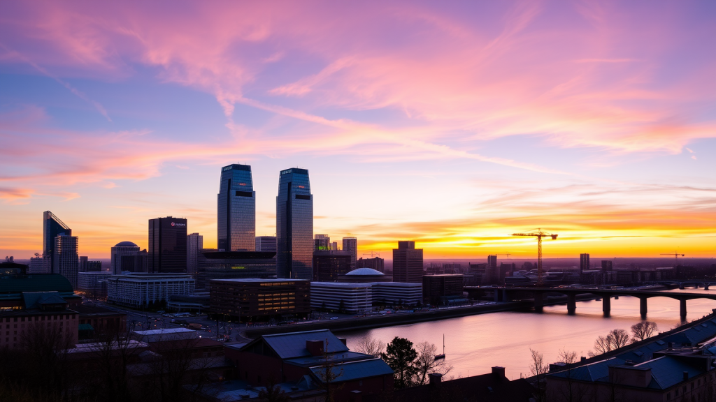 Rosebank-Aktie: Jetzt wird’s ernst! Frankfurts Skyline bei Sonnenuntergang, Deutsche Bank Zwillingstürme