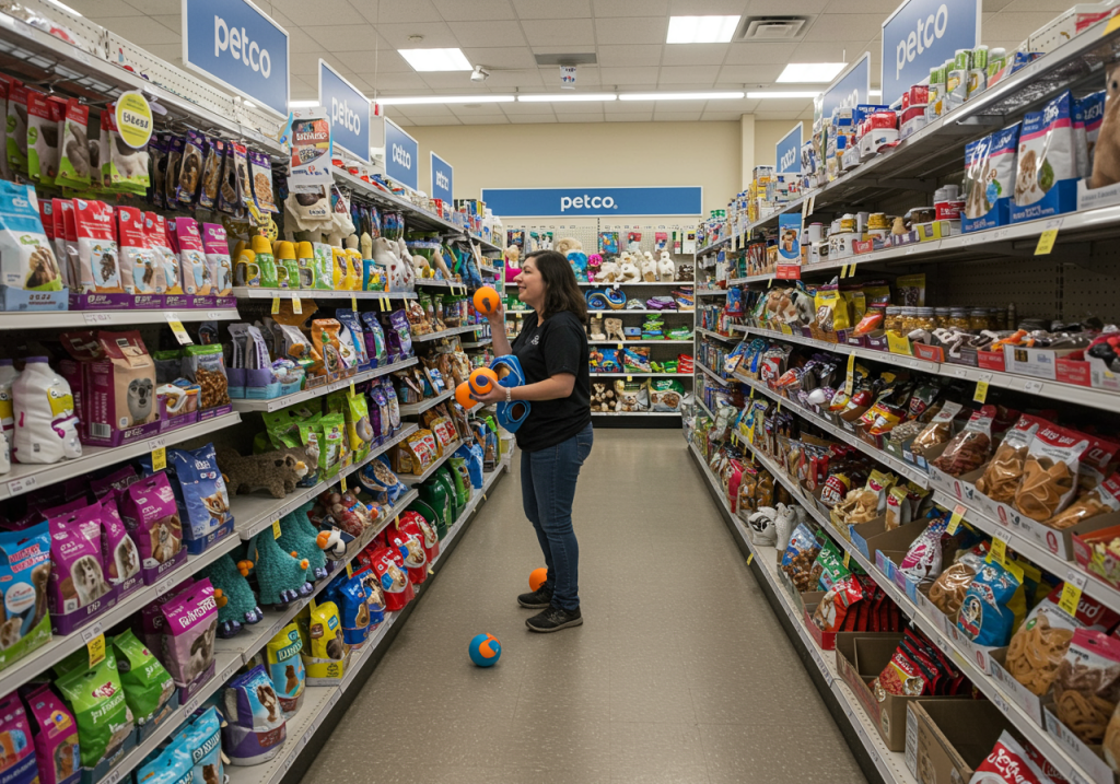 Eine Frau steht in einem Gang eines gut sortierten Petco-Tierbedarfsgeschäfts. Die Regale links und rechts sind prall gefüllt mit verschiedensten Produkten für Haustiere – darunter Futter, Spielzeuge und Snacks. Die Frau hält mehrere bunte Spielzeuge in den Händen, während sie sich umsieht. Die Atmosphäre ist hell und geschäftig, typisch für eine Tierbedarfshandelskette.