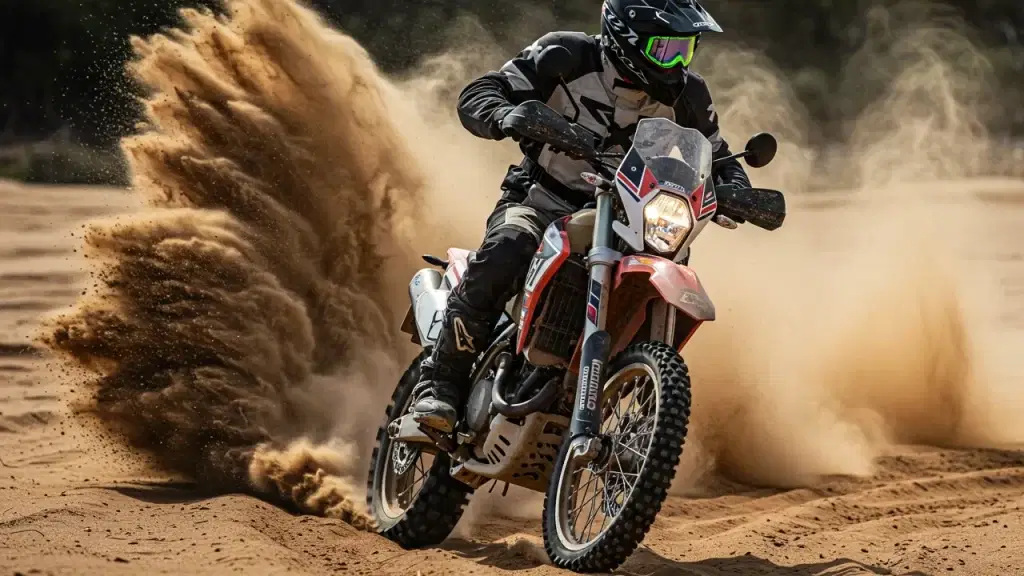Motocross-Fahrer auf einem Offroad-Motorrad driftet durch Sand in einer Wüstenlandschaft, aufgewirbelte Staubwolke im Hintergrund.