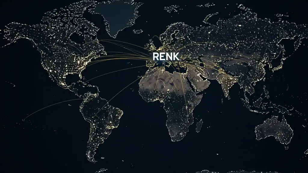 Weltkarte bei Nacht mit leuchtenden Städten und globalen Verbindungslinien, Zentrum auf Europa mit hervorgehobener Aufschrift ‚RENK‘ als Symbol weltweiter Präsenz.