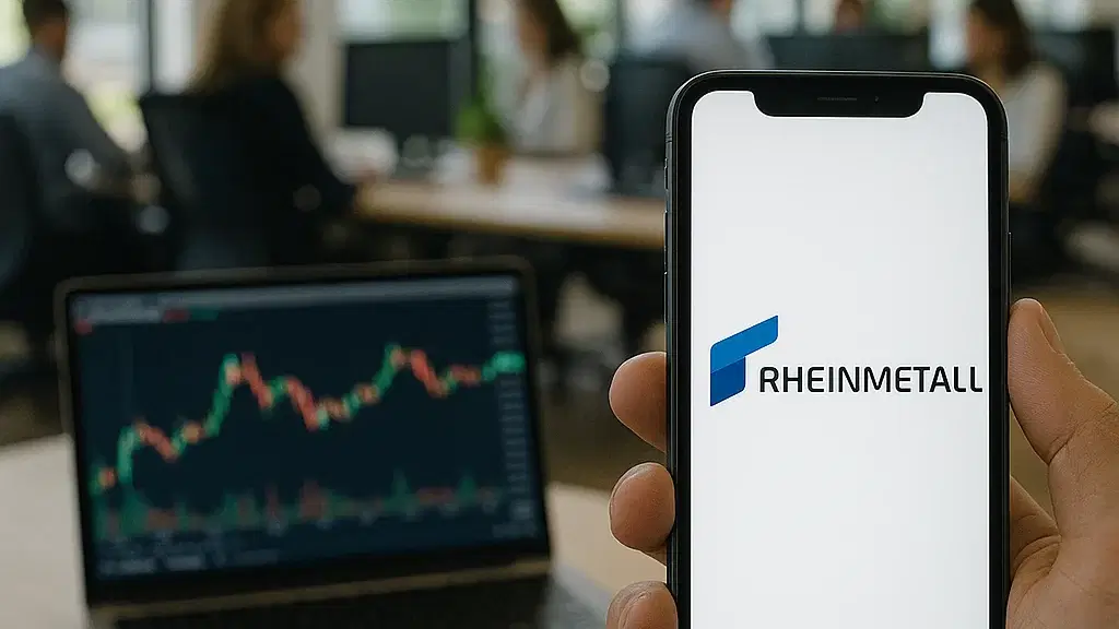 In einem modernen, lichtdurchfluteten Großraumbüro hält eine Person ein Smartphone mit dem Rheinmetall-Logo auf dem Display. Im Hintergrund sind Kolleginnen und Kollegen bei der Arbeit an Schreibtischen zu sehen, während im Vordergrund ein Laptop mit einem Kurschart zu erkennen ist.