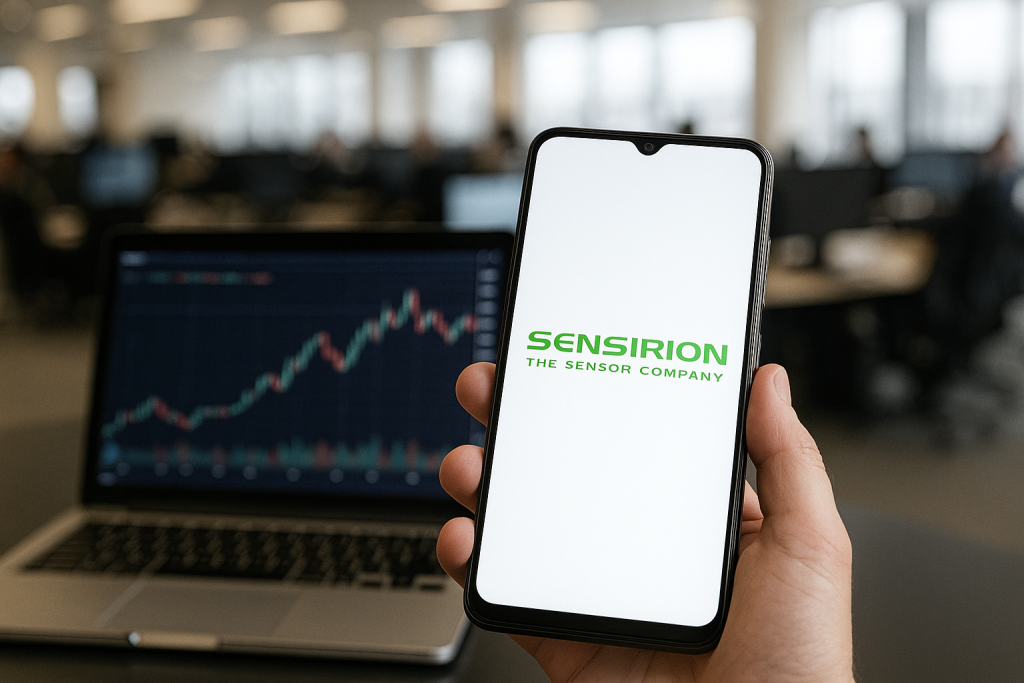 Eine Hand hält ein modernes Smartphone mit dem grün-weißen Sensirion-Logo auf dem Display. Im Hintergrund ist ein Laptop mit einem unscharfen Börsenchart zu sehen. Dahinter erkennt man ein diffus beleuchtetes Großraumbüro mit mehreren Arbeitsplätzen und Bildschirmen. Das Bild vermittelt den Eindruck einer modernen Finanz- oder Technologieumgebung.