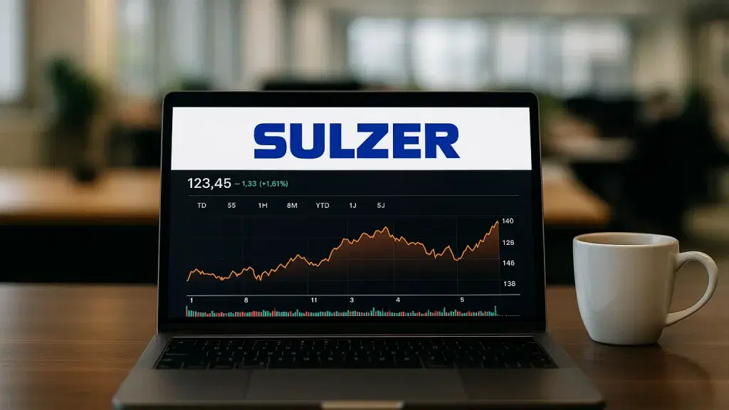 Laptop auf einem Schreibtisch mit angezeigtem Aktienchart und Sulzer-Logo auf dem Bildschirm; daneben eine Kaffeetasse. Im Hintergrund unscharfe Großraumbüro-Atmosphäre.
