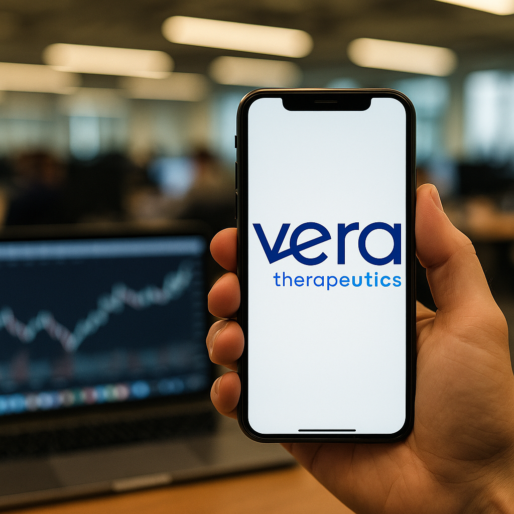 Eine Hand hält ein Smartphone mit dem Logo von Vera Therapeutics auf dem Display. Im Hintergrund ist ein unscharfes Büro mit mehreren Arbeitsplätzen und Laptops zu sehen, darunter einer mit einem Finanzchart. Das Bild wirkt professionell und fokussiert auf das Thema Börse und Unternehmen.