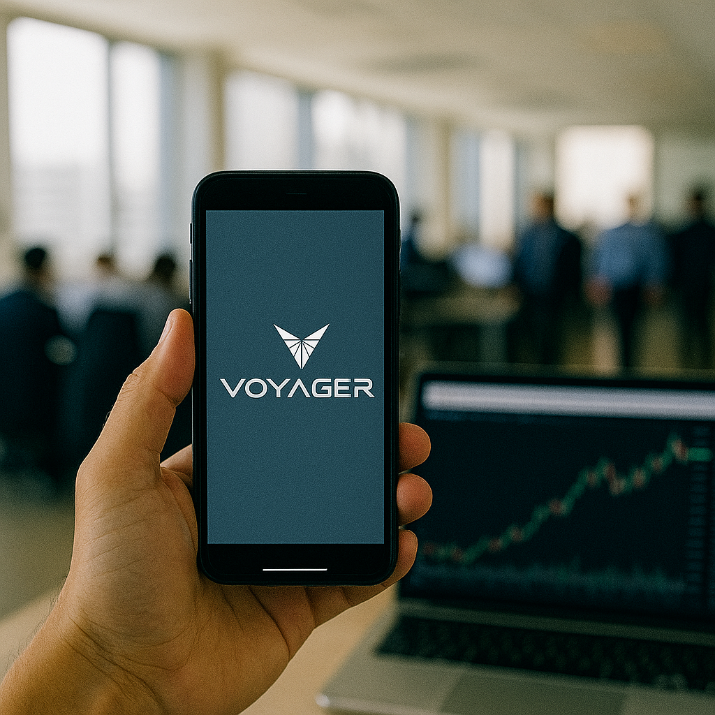 Eine Hand hält ein Smartphone mit dem Voyager-Logo im Display. Im Hintergrund ist ein Laptop mit einem steigenden Aktienchart zu sehen, dahinter ein belebtes Großraumbüro mit mehreren Personen in Businesskleidung.