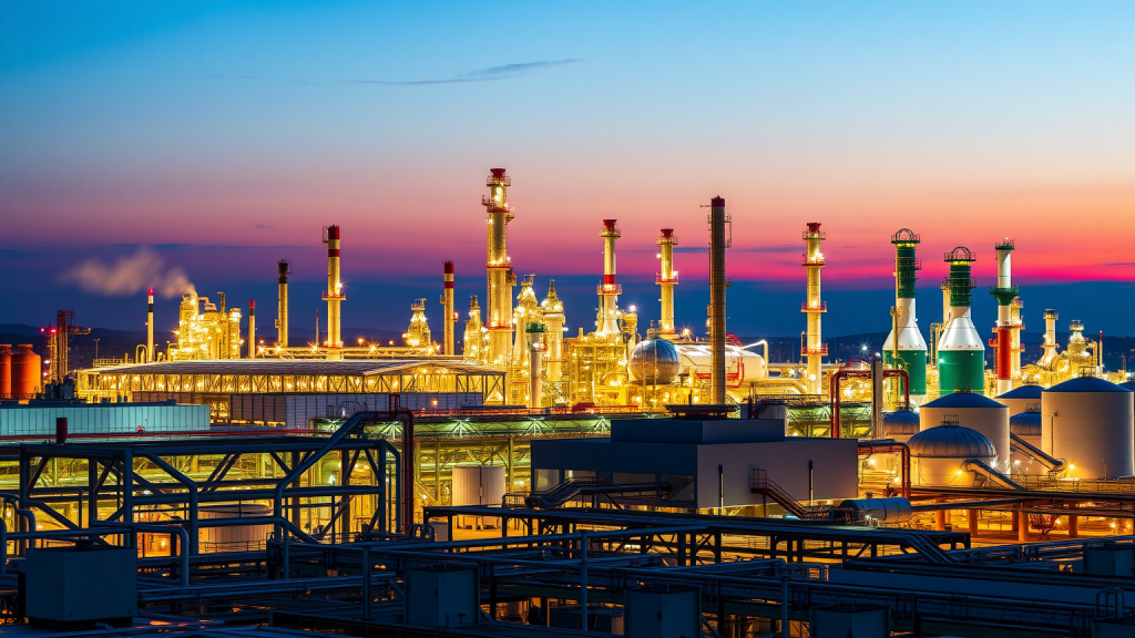 BASF-Fabrikbeleuchtung bei Dämmerung