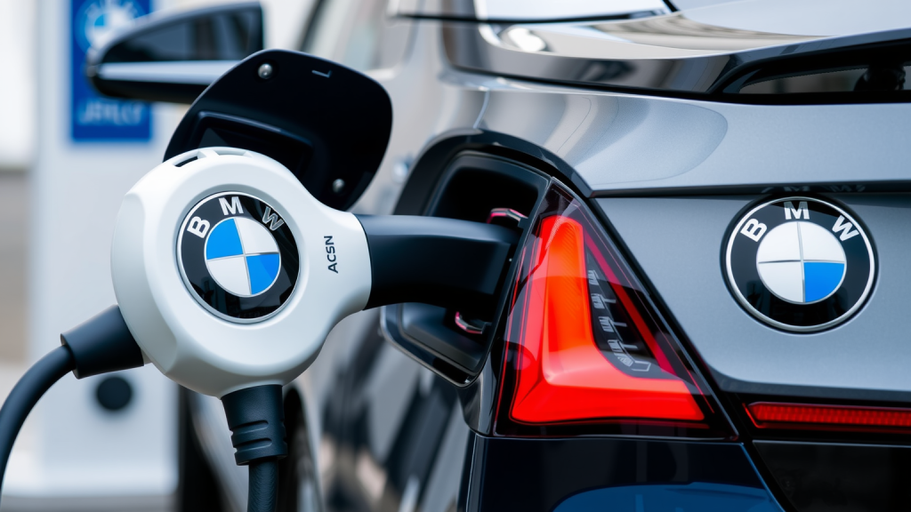 Nahaufnahme eines BMW-E-Autos beim Aufladen an einer Ladestation.