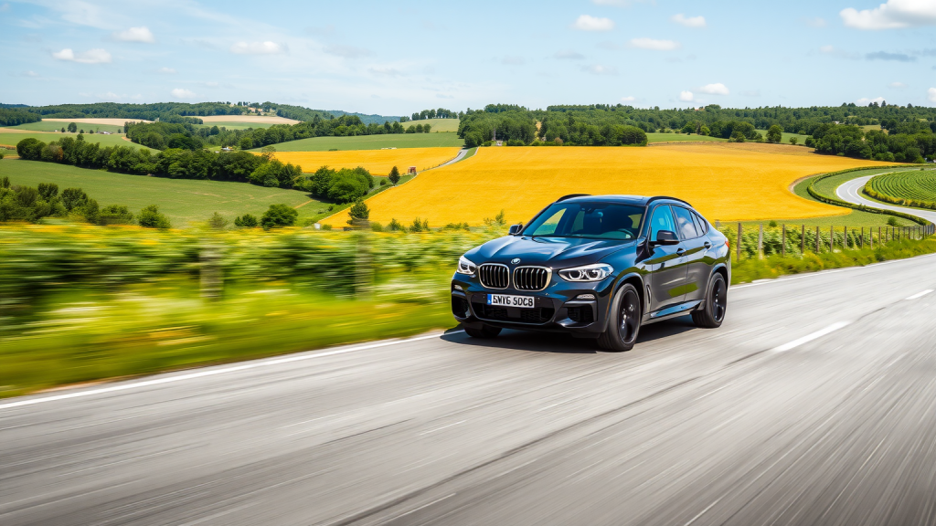 BMW-Fahrzeug fährt durch landschaftliche Umgebung.