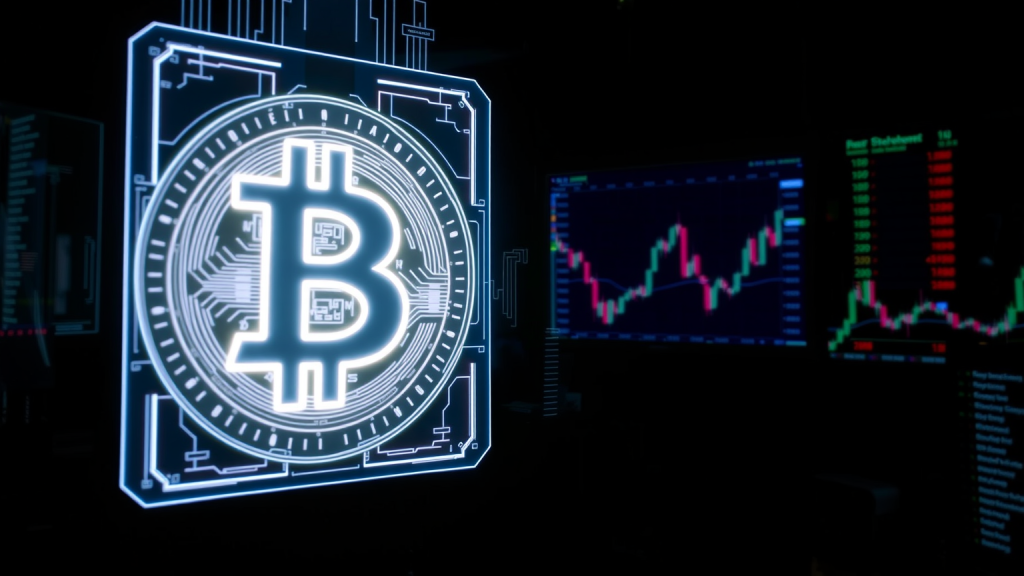 Holografisches Bitcoin-Logo mit Marktdaten