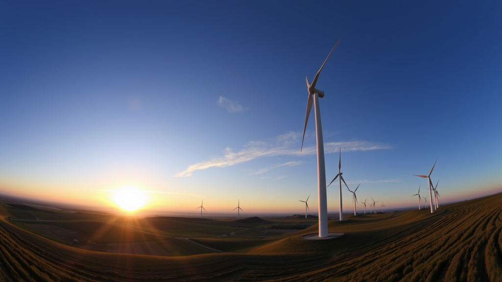 Panorama einer Equinor-Windkraftanlage bei Sonnenuntergang
