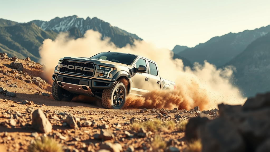 Ein Ford Raptor fährt durch einen felsigen Offroad-Weg
