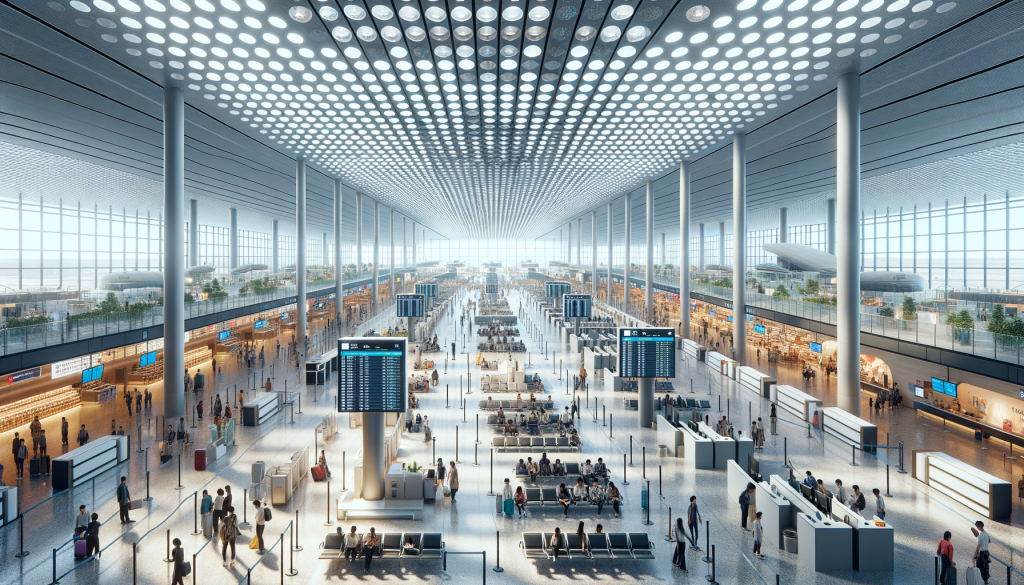 Innenansicht eines modernen Terminals am Flughafen Frankfurt mit sichtbarem Fraport-Logo