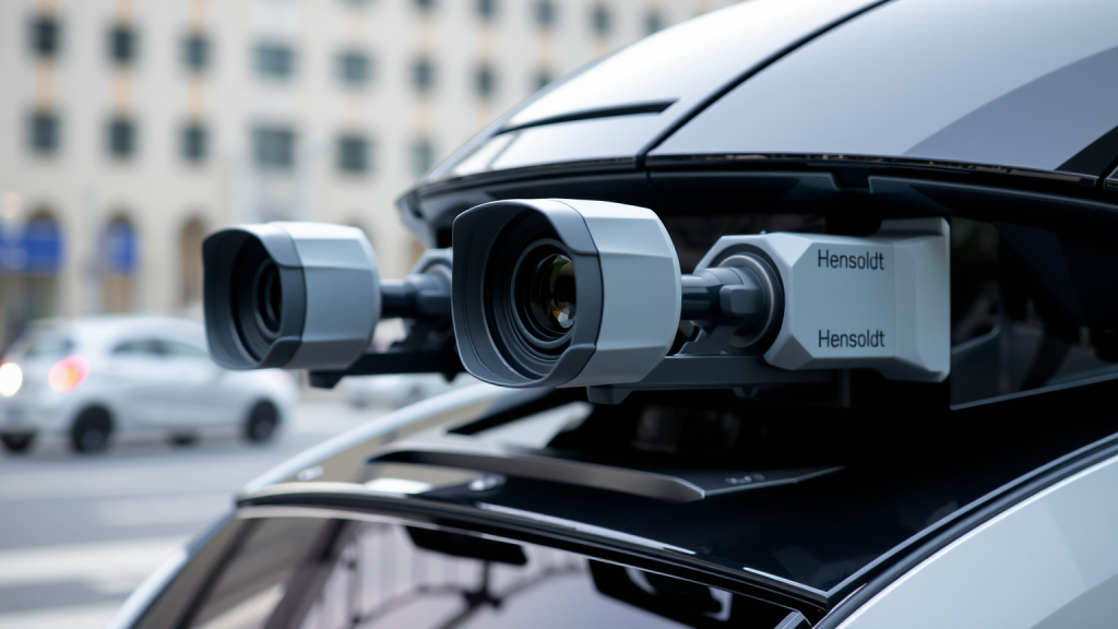 Eine Nahaufnahme von Hensoldt-Sensoren, die an einem futuristischen autonomen Fahrzeug angebracht sind, vor einem städtischen Hintergrund