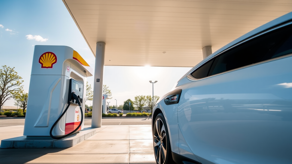 Modernes Shell-Wasserstoff-Tankstelle unter klarem Himmel.