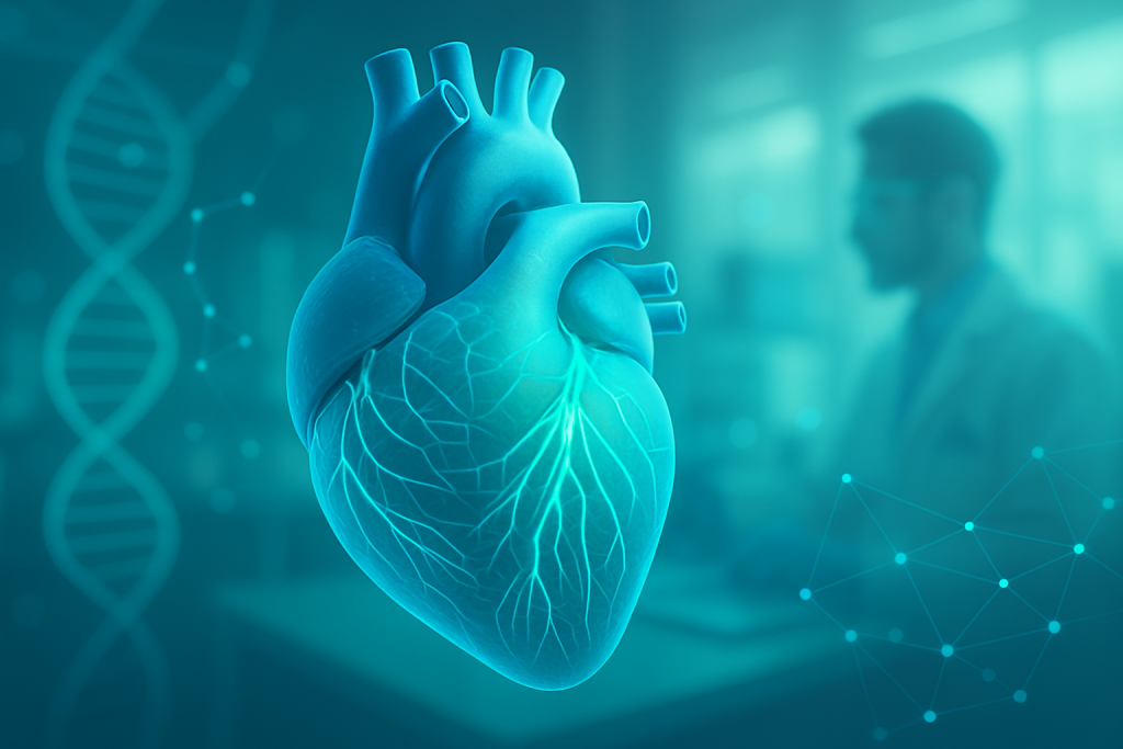 3D-Illustration eines halbtransparenten, anatomischen Herzens, durchzogen von leuchtenden blauen und grünen Datenströmen. Im Hintergrund unscharfe Laborumgebung mit angedeuteten DNA-Helices und vernetzten Datenpunkten, die Biotechnologie und medizinischen Fortschritt symbolisieren.