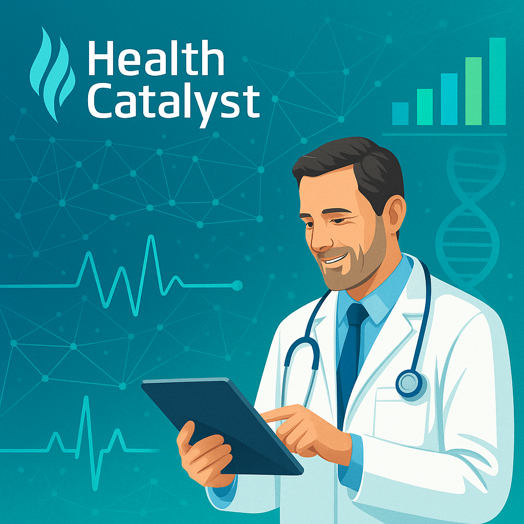 Illustration eines lächelnden Arztes im weißen Kittel mit Stethoskop, der auf ein Tablet blickt. Im Hintergrund sind abstrakte Datenvisualisierungen wie Netzwerke, Balkendiagramm, DNA-Helix und EKG-Linien in Blau- und Grüntönen zu sehen. Oben links befindet sich das Health Catalyst-Logo.