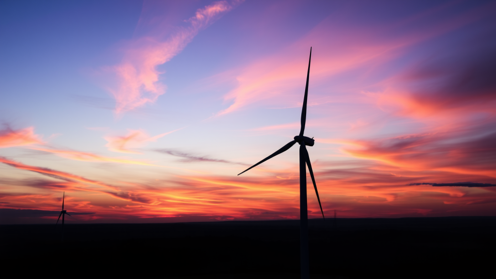 Outperformer Nordex: Schon wieder ein neuer Auftrag! Nordex-Windturbine im Sonnenuntergang-Schatten, lila und orange Himmel.