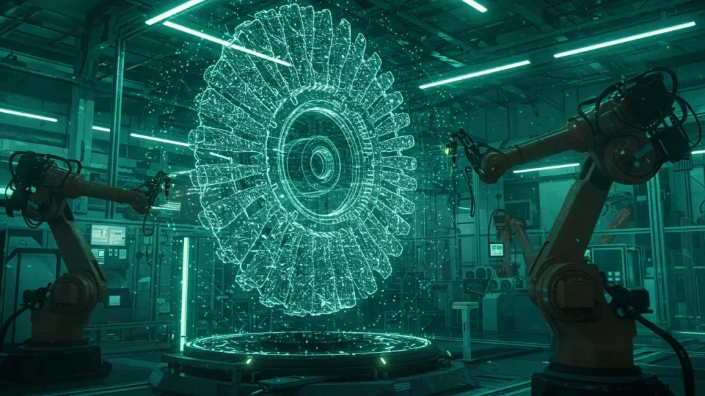 Futuristische Fertigungshalle mit zwei Industrierobotern, die ein holografisches 3D-Zahnrad modellieren – Symbol für digitale Präzision und Innovationskraft von Renk.