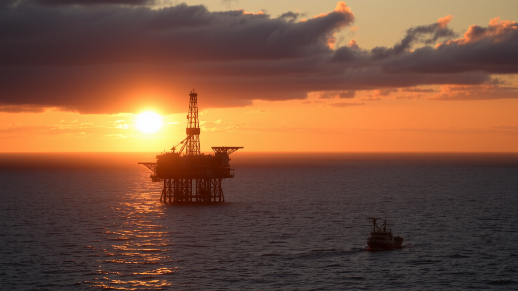 Shell-Offshore-Ölplattform im Abendlicht.