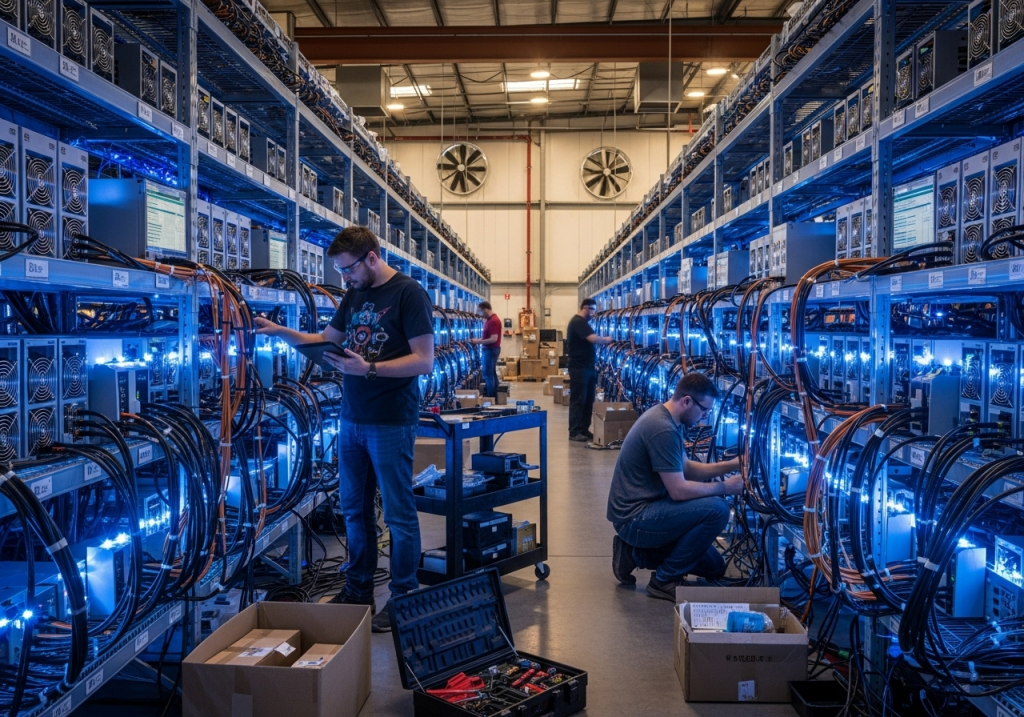 Eine große Bitcoin-Mining-Farm in einer Industriehalle, gefüllt mit Reihen von offenen Regalen voller ASIC-Miner, die mit blauen LED-Lichtern leuchten. Kabel verlaufen sichtbar zwischen den Racks, Ventilatoren blasen heiße Luft ab. Ein paar Techniker in normaler Arbeitskleidung (T-Shirt, Jeans, Schutzbrille) prüfen die Geräte. Die Szene wirkt authentisch, leicht chaotisch, aber modern – wie ein echter Mining-Standort. Realistische Fotografie, kein futuristischer Reinraum.