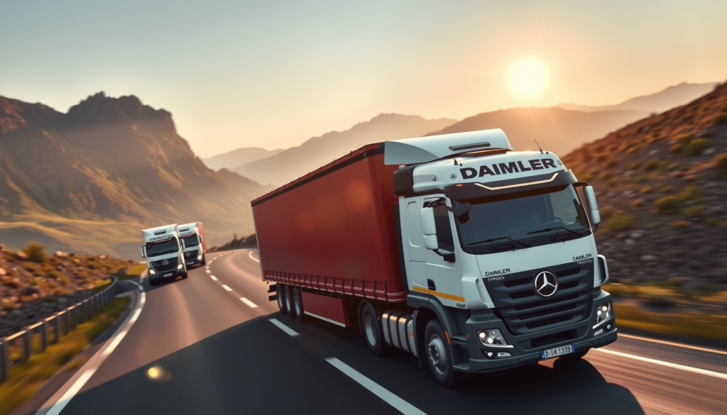 Daimler Truck: Oh, je. Das sieht schlecht aus! eine Flotte von Daimler-Lkw, die eine malerische Bergstraße befahren
