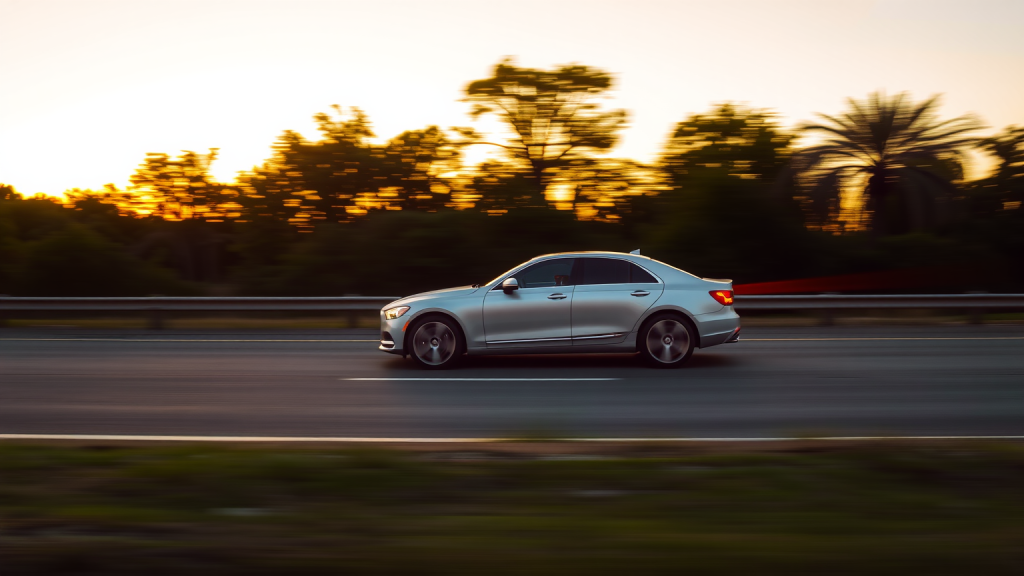 Sixt-Fahrzeug auf der Autobahn im Sonnenuntergang