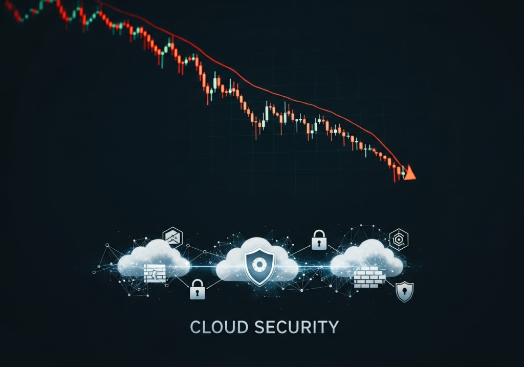 Ein roter Abwärtstrend verläuft über einer stilisierten Grafik zu Cloud-Sicherheit. Mehrere Wolkensymbole mit Schlössern und Netzwerklinien symbolisieren Cybersecurity, während der fallende Kurs den Rückgang von Cloud-Aktien verdeutlicht.