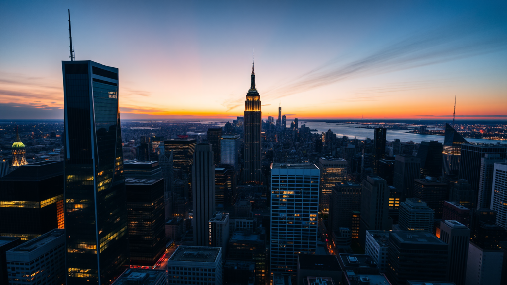 DroneShield-Aktie: Blase platzt – die Gründe! Beleuchtetes Finanzviertel bei Dämmerung