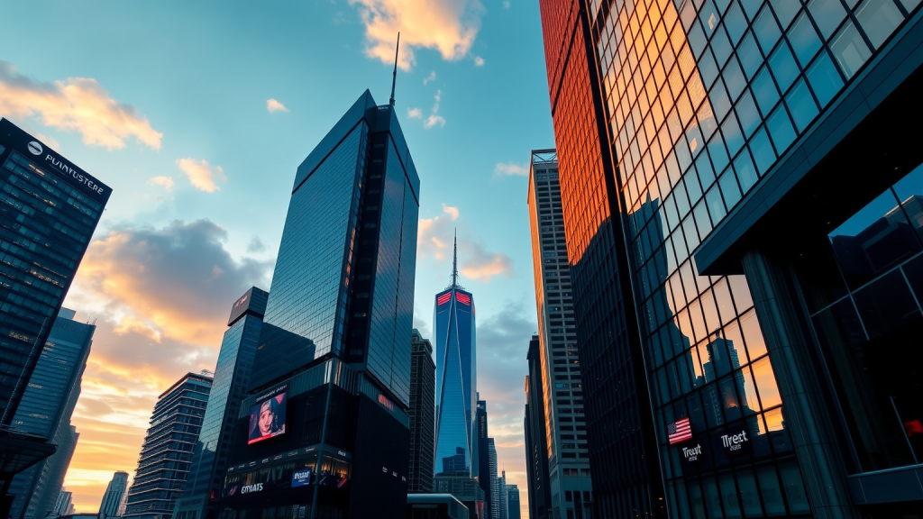 Asiatische Märkte: Handelsgespräche treiben Nikkei über 50.000! Moderne Finanzdistrikt bei Sonnenuntergang