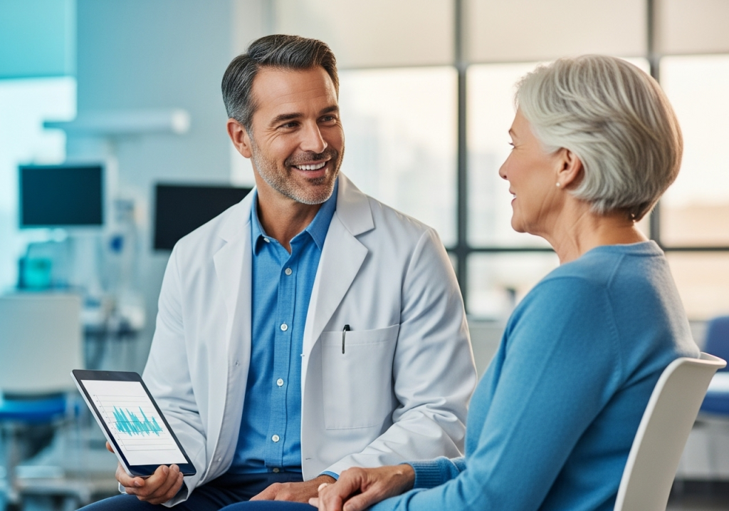 Arzt im weißen Kittel spricht lächelnd mit älterer Patientin in einer modernen Praxis und zeigt ihr Daten auf einem Tablet.