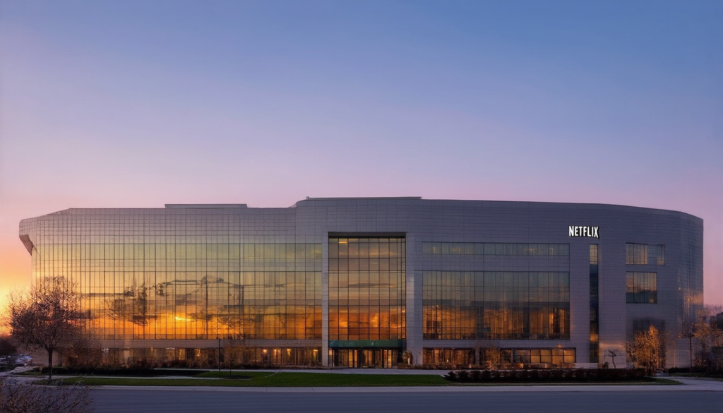 Netflix–Aktie: Aktiensplit als Signal! Netflix-Hauptquartier bei Sonnenuntergang