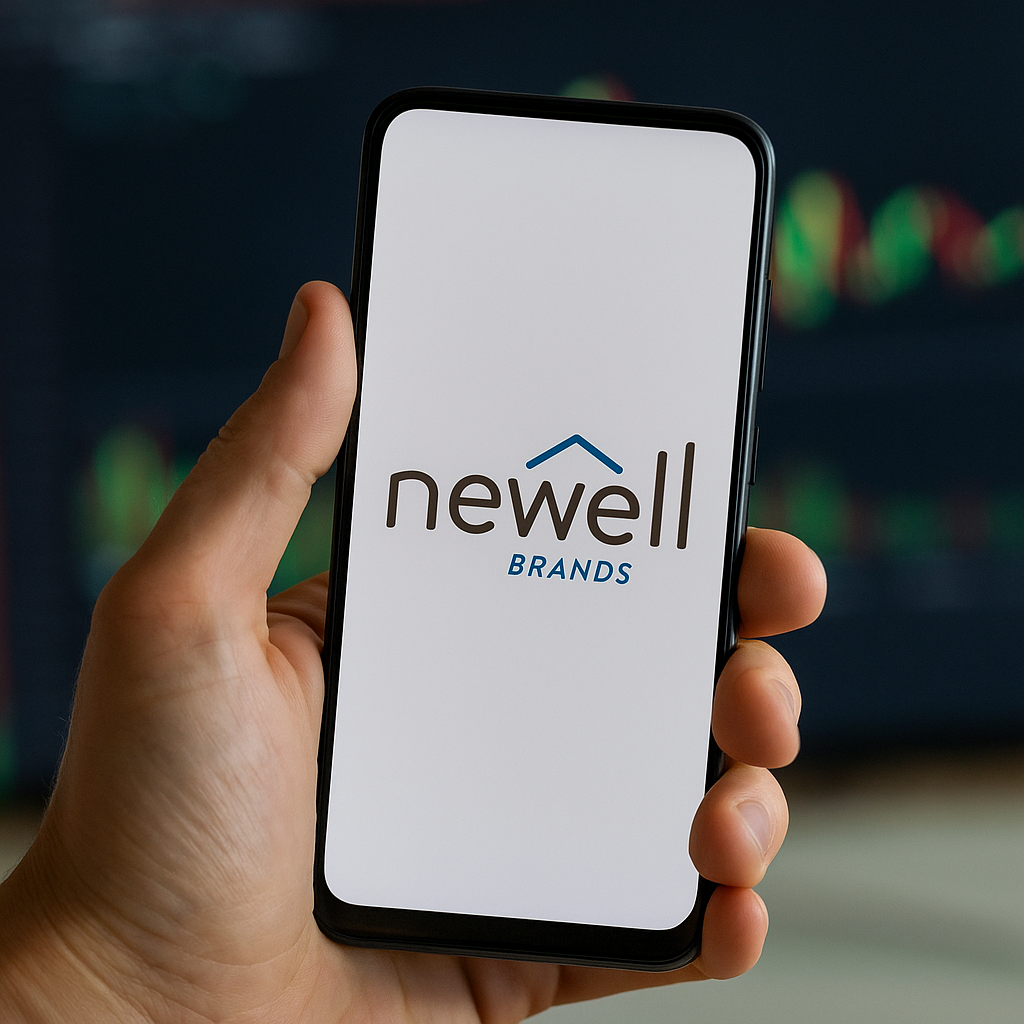 Newell Brands-Aktie: Umsatzrückgang belastet! Eine Hand hält ein Smartphone, auf dessen Bildschirm das Logo von Newell Brands zu sehen ist; im unscharfen Hintergrund eine Börsenumgebung mit Kursanzeigen und Diagrammen.