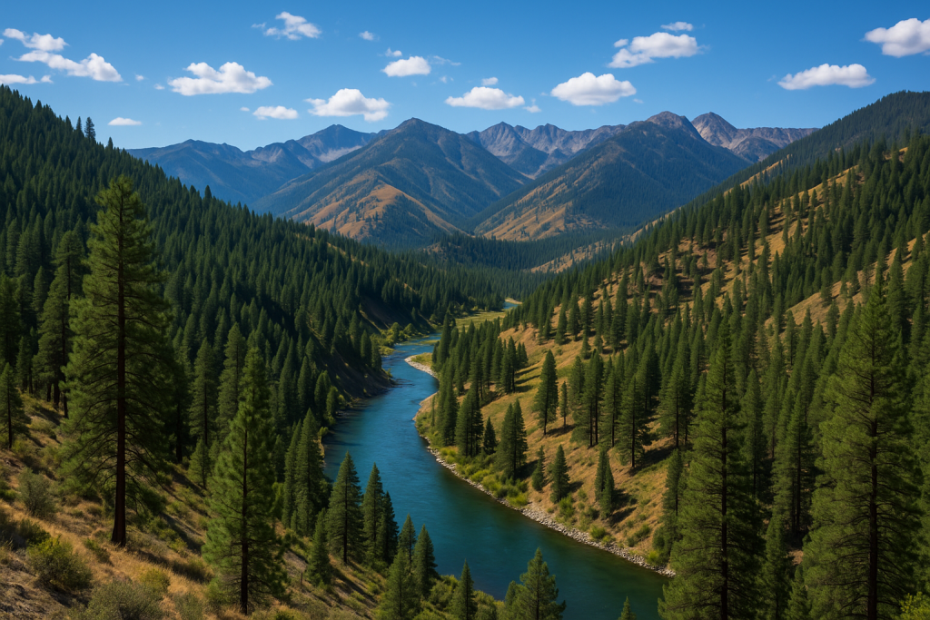 Perpetua Resources: 255 Millionen für Amerikas strategischste Mine! Landschaft im Zentrum Idahos mit dicht bewaldeten Bergen, einem klaren Fluss im Tal und blauen Himmel mit vereinzelten Wolken. Die Szene zeigt das Gebiet um das Stibnite-Projekt nahe Yellow Pine – eine abgelegene, bergige Region mit Pinienwäldern, typischer Natur der US-Bundesstaaten im Nordwesten.