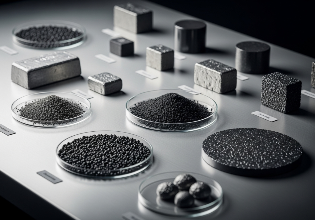 Verschiedene Proben seltener Erden liegen auf einem metallischen Labortisch. In Glaspetri-Schalen und Blöcken sind unterschiedliche Materialien und Metallpulver angeordnet, die die Vielfalt und industrielle Bedeutung dieser Rohstoffe verdeutlichen.
