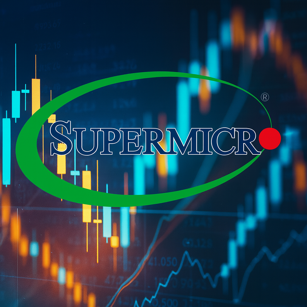 Supermicro, Intel und Micron brechen Rekord bei Finanzdatenanalyse Digitale Komposition mit dem Supermicro-Logo im Vordergrund, umgeben von leuchtenden Finanzcharts, Datenlinien und Lichtspuren in Blau- und Grüntönen. Das Motiv symbolisiert Hochfrequenzhandel, KI-gestützte Datenanalyse und technologische Geschwindigkeit.