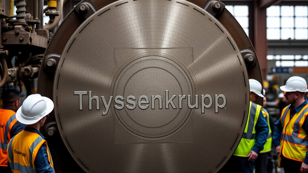 Thyssenkrupp-Logo auf Stahlmaschine, umgeben von Arbeitern
